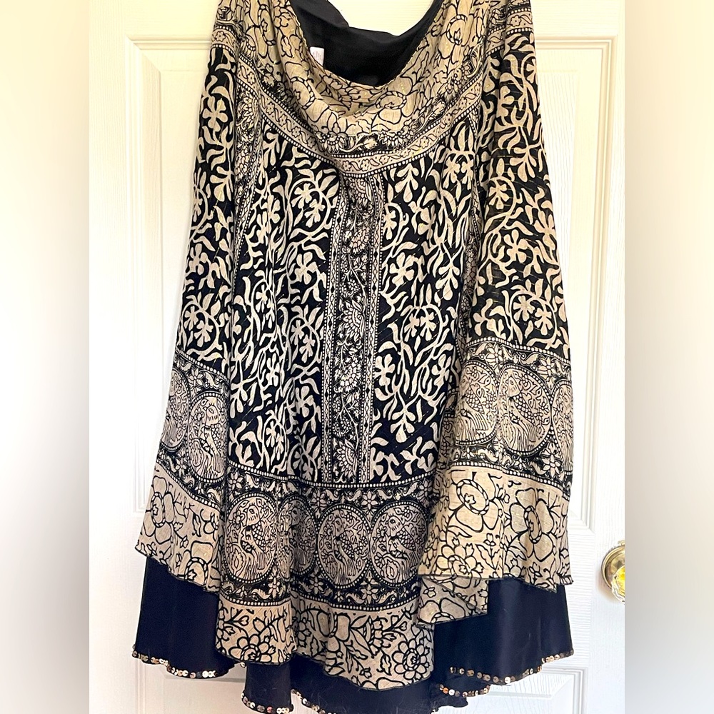 Soft surroundings maxi skirt with gold thread and sequin trim